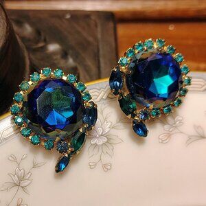 Vintage JULIANA Blue Watermelon Art Glass Navette Blue Green Rhinestone Earrings